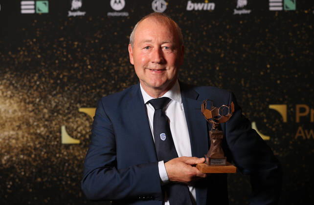 Genk team manager Pierre Denier poses for the photographer with a trophy for all his career during the Pro League Awards 2022, for the best players in the first (1A) and second (1B) divisions of the Belgian soccer championships, Monday 23 May 2022 in Brussels. VIRGINIExLEFOUR  x35427125x