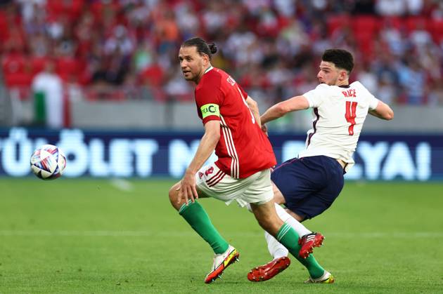 Budapest, Hungary, 4th June 2022. Declan Rice of England tackles Adam Szalai of Hungary during the UEFA Nations League match at Puskas Arena, Budapest. Picture credit should read: David Klein Sportimage EDITORIAL USE ONLY. No use with unauthorised audio, video, data, fixture lists, club league logos or live services. Online in-match use limited to 120 images, no video emulation. No use in betting, games or single club league player publications. SPI-1726-0079