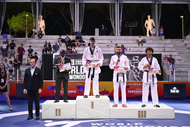 Sport Bilder des Tages June 4, 2022, Rome, Italy: Emre Kutalmis ATESLI (TUR), Caden CUNNINGHAM (GBR), Cheick Sallah CISSE (CIV) and Dejan GEORGIEVSKI (MKD) during SF and F round of World Taekwondo Grand Prix at Foro Italico, Nicola Pietrangeli Stadium, 4th June 2022, Rome, Italy. Taekwondo - World Taekwondo Roma Grand Prix (day2), Rome, Italy - ZUMAl164 20220604_zsa_l164_073 Copyright: xDomenicoxCippitellix
