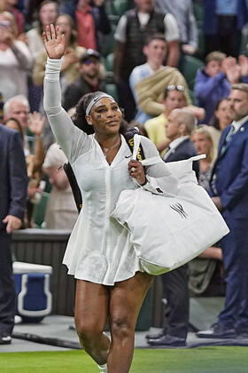 Tennis: Wimbledon championships Serena Williams of the United States acknowledges spectators as she leaves the court after being defeated by Harmony Tan of France in the first round of the Wimbledon tennis tournament in London on June 28, 2022. A14AA0001307359P
