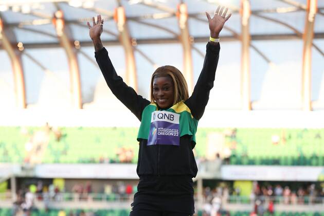 Mandatory Credit: Photo by Amanda Loman Shutterstock (13033002da) Bronze medalist Tori Franklin, of Jamaica, during the medal ceremony for the women s 100-meter run 2022 World Athletics Championships, Day Four Hayward Field, Eugene, Oregon, USA - 18 Jul 2022 2022 World Athletics Championships, Day Four Hayward Field, Eugene, Oregon, USA - 18 Jul 2022 Copyright: xAmandaxLoman Shutterstockx 13033002da