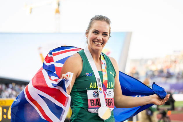 220722 Kelsey-Lee Barber of Australia celebrates after winning women s javelin throw final during day 8 of the 2022 World Athletics Championships on July 22, 2022 in Eugene. Photo: Jon Olav Nesvold BILDBYRAN COP 217 JM0336 bbeng friidrott athletics friidrett 2022 world athletics championships world athletics championships oregon22 friidrotts-vm friidretts-vm vm jubel Copyright: JONxOLAVxNESVOLD BB220722JE091