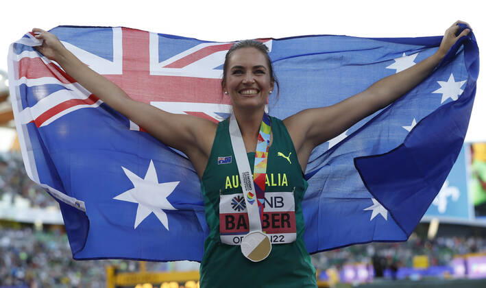 Australian Kelsey-Lee Barber celebrates after winning the gold medal in javelin throw women event during the World Athletics Championships at Hayward Field in Eugene, USA, 22 July 2022. World Athletics Championships !ACHTUNG: NUR REDAKTIONELLE NUTZUNG!  Copyright: xAlbertoxEstevezx AMDEP4615 20220723-9538cd0a69fa21beefd4720fd77ac6d2fe744e59