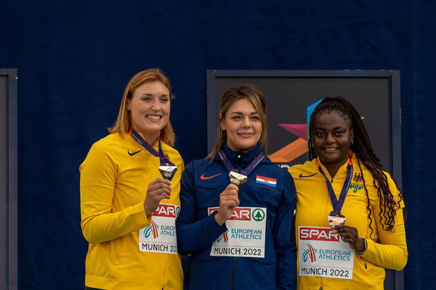 PUDENZ Kristin (GER), Discus Throw Women (Diskuswurf Frauen), Silber, VITA Claudine (GER), Discus Throw Women (Diskuswurf Frauen), Bronze, PERKOVIC Sandra (CRO), Discus Throw Women (Diskuswurf Frauen), Gold GER, Athletics (Leichtathletik), European Championships Munich 2022, 17.08.2022, GER, Athletics (Leichtathletik), European Championships Munich 2022, 17.08.2022 Muenchen Copyright: xEibner-Pressefotox EP_SMR