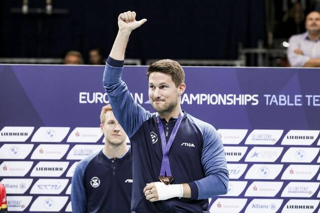 VARIOUS SPORTS - European Championships MUNICH,GERMANY,21.AUG.22 - Table tennis, Tischtennis - European Championships, men. Image shows Kristian Karlsson (SWE). Keywords: medal.  GEPAxpictures xPatrickxSteiner