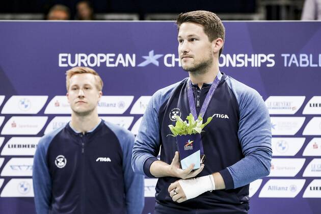 VARIOUS SPORTS - European Championships MUNICH,GERMANY,21.AUG.22 - Table tennis, Tischtennis - European Championships, men. Image shows Mattias Falck and Kristian Karlsson (SWE). Keywords: medal.  GEPAxpictures xPatrickxSteiner