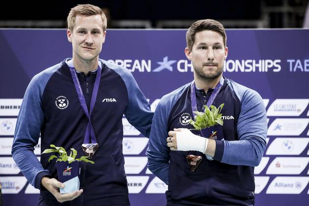 VARIOUS SPORTS - European Championships MUNICH,GERMANY,21.AUG.22 - Table tennis, Tischtennis - European Championships, men. Image shows Mattias Falck and Kristian Karlsson (SWE). Keywords: medal.  GEPAxpictures xPatrickxSteiner