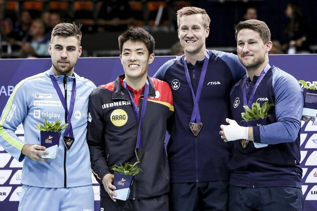 VARIOUS SPORTS - European Championships MUNICH,GERMANY,21.AUG.22 - Table tennis, Tischtennis - European Championships, men. Image shows Darko Jorgic (SLO), Dang Qiu (GER), Mattias Falck and Kristian Karlsson (SWE). Keywords: medal.  GEPAxpictures xPatrickxSteiner