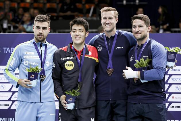 VARIOUS SPORTS - European Championships MUNICH,GERMANY,21.AUG.22 - Table tennis, Tischtennis - European Championships, men. Image shows Darko Jorgic (SLO), Dang Qiu (GER), Mattias Falck and Kristian Karlsson (SWE). Keywords: medal.  GEPAxpictures xPatrickxSteiner