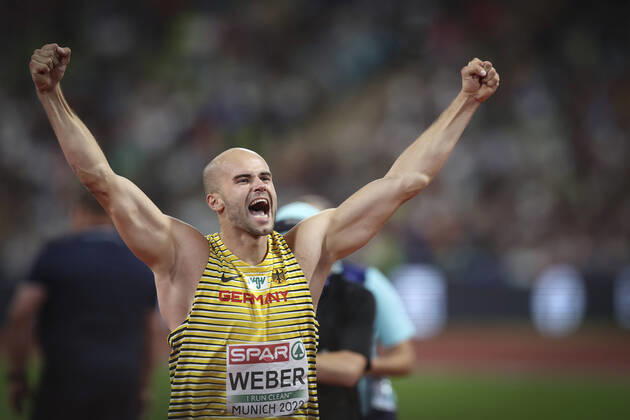 Bilder des Jahres 2022, Sport 08 August Sport Themen der Woche KW33 European Championships Munich22; Leichtathletik, 21.08.2022 Julian Weber (GER) freut sich - European Championships Munich22 am 21.08.22 im Olympiastadion in Muenchen, Deutschland. Copyright: xBEAUTIFULxSPORTS AxelxKohringx