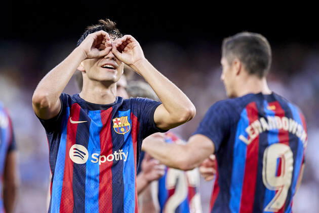 Sport Bilder des Tages ESP: FC Barcelona, Barca v Real Valladolid CF - La Liga Santander Pedro Gonzalez Pedri of FC Barcelona celebrates after scoring his team s second goal during the La Liga Santander match between FC Barcelona and Real Valladolid CF at Spotify Camp Nou on August 28, 2022, in Barcelona, Spain. Barcelona Spotify Camp Nou Catalunya Spain _RL_FCBvVALL_041_431 Copyright: xRicardoxLarreinax