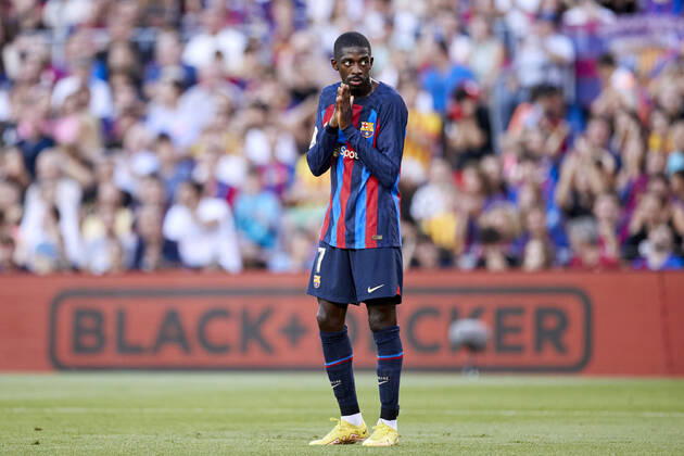 ESP: FC Barcelona, Barca v Real Valladolid CF - La Liga Santander Ousmane Dembele of FC Barcelona react during the La Liga Santander match between FC Barcelona and Real Valladolid CF at Spotify Camp Nou on August 28, 2022, in Barcelona, Spain. Barcelona Spotify Camp Nou Catalunya Spain _RL_FCBvVALL_023_442 Copyright: xRicardoxLarreinax
