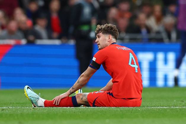 London, England, 26th September 2022. John Stones of England goes down injured during the UEFA Nations League match at Wembley Stadium, London. Picture credit should read: David Klein Sportimage EDITORIAL USE ONLY. No use with unauthorised audio, video, data, fixture lists, club league logos or live services. Online in-match use limited to 120 images, no video emulation. No use in betting, games or single club league player publications. SPI-1909-0053