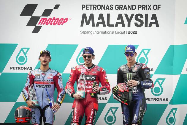Races of Petronas Grand Prix of Malaysia of MotoGP at Sepang Circuit. October 23, 2022 In picture: MotoGP? podium L-R: Bastianini, Bagnaia, Quartararo Carreras del Gran Premio de MotoGP de Malasia en el Circuito Internacional de Sepang. 23 de Octubre de 2022 POOL MotoGP.com Cordon Press Images will be for editorial use only. Mandatory credit: MotoGP.com Cordon Press