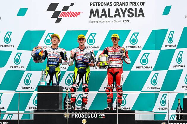 Races of Petronas Grand Prix of Malaysia of MotoGP at Sepang Circuit. October 23, 2022 In picture: Moto3? podium: Sasaki, McPhee and Garcia Carreras del Gran Premio de MotoGP de Malasia en el Circuito Internacional de Sepang. 23 de Octubre de 2022 POOL MotoGP.com Cordon Press Images will be for editorial use only. Mandatory credit: MotoGP.com Cordon Press