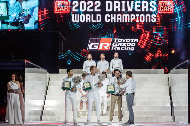 2022 DRIVERS WORLD CHAMPIONS: 8 TOYOTA GAZOO RACING (JPN) TOYOTA GR010 - HYBRID HYBRID (HYPERCAR) - SEBASTIEN BUEMI (CHE) BRENDON HARTLEY (NZL) RYO HIRAKAWA (JPN) DURING THE 2022 FIA WORLD ENDURANCE CHAMPIONSHIP (FIA WEC) AWARDS CEREMONY, SOFITEL BAHRAIN ZALLAQ, ZALLAQ, BAHRAIN, NOVEMBER 13 2022 AUTOMOBILE : FIA WEC 2022 - CEREMONIE DE REMISE DES PRIX - 13 11 2022 MPSAgency Panoramic 