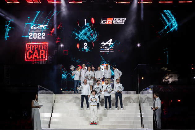 2022 HYPERCAR PODIUM: TOYOTA GAZOO RACING (JPN) - ALPINE ELF TEAM (FRA) - GLICKENHAUS RACING (USA) DURING THE 2022 FIA WORLD ENDURANCE CHAMPIONSHIP (FIA WEC) AWARDS CEREMONY, SOFITEL BAHRAIN ZALLAQ, ZALLAQ, BAHRAIN, NOVEMBER 13 2022 AUTOMOBILE : FIA WEC 2022 - CEREMONIE DE REMISE DES PRIX - 13 11 2022 MPSAgency Panoramic 
