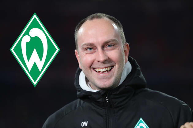 Deutschland 18. November 2022: Fussball, Herren, Saison 2022 2023, SV Werder Bremen, Ole Werner, Trainer Hier eine Fotomontage, Symbolfoto mit Ole Werner, Trainer (SV Werder Bremen) und dem Logo, Wappen des Vereins, lachen, lächeln, lächelnd