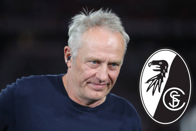 Deutschland 20.November 2022: Fussball, Herren, Saison 2022 2023, SC Freiburg, Christian Streich, Trainer, Bundesliga Hier eine Fotomontage, Symbolbild mit Christian Streich, Trainer, SC Freiburg mit dem Logo, Wappen des Vereins