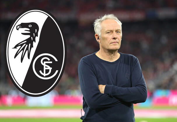 Deutschland 20.November 2022: Fussball, Herren, Saison 2022 2023, SC Freiburg, Christian Streich, Trainer, Bundesliga Hier eine Fotomontage, Symbolbild mit Christian Streich, Trainer, SC Freiburg mit dem Logo, Wappen des Vereins