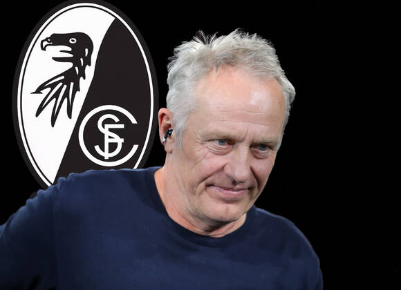 Deutschland 20.November 2022: Fussball, Herren, Saison 2022 2023, SC Freiburg, Christian Streich, Trainer, Bundesliga Hier eine Fotomontage, Symbolbild mit Christian Streich, Trainer, SC Freiburg mit dem Logo, Wappen des Vereins