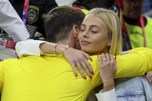 Belgium s goalkeeper Thibaut Courtois and his fiancee Mishel Gerzig pictured after a soccer game between Belgium s national team, Nationalteam the Red Devils and Canada, in Group F of the FIFA 2022 World Cup in Al Rayyan, State of Qatar on Wednesday 23 November 2022. BRUNOxFAHY x53229663x