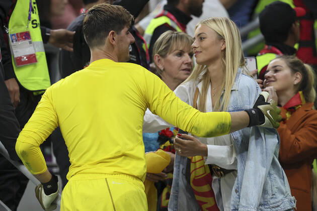 Belgium s goalkeeper Thibaut Courtois and his fiancee Mishel Gerzig pictured after a soccer game between Belgium s national team, Nationalteam the Red Devils and Canada, in Group F of the FIFA 2022 World Cup in Al Rayyan, State of Qatar on Wednesday 23 November 2022. BRUNOxFAHY x53229729x