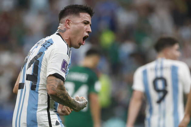 Enzo Fernandez of Argentina celebrates a goal during a FIFA World Cup, WM, Weltmeisterschaft, Fussball soccer match of the group phase between Argentina and Mexico at Lusail stadium in Lusail, Qatar 25 November 2022. World Cup 2022: Argentina vs. Mexico !ACHTUNG: NUR REDAKTIONELLE NUTZUNG!  Copyright: xJuanxIgnacioxRoncoronix GR6296 20221126-9303fb08fa932d391077112ec11194aca3bd522b