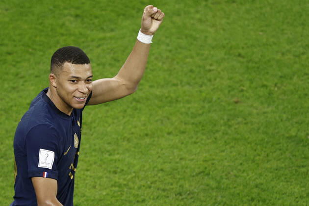 Kylian Mbappe of France celebrates a goal during the FIFA round 16 soccer match between France and Poland at Al Thumama a stadium in Doha, Qatar, 04 December 2022. World Cup 2022: France vs. Poland !ACHTUNG: NUR REDAKTIONELLE NUTZUNG! Copyright: xRodrigoxJiménezx GR7214 20221204-cf9147b405f3202d92b23e3fffde1195858d3249