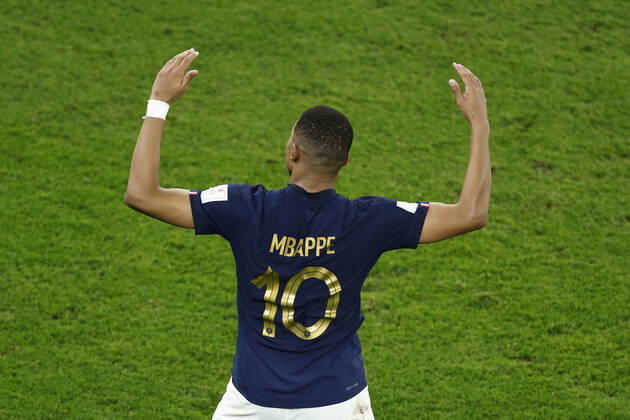 Kylian Mbappe of France celebrates a goal during the FIFA round 16 soccer match between France and Poland at Al Thumama a stadium in Doha, Qatar, 04 December 2022. World Cup 2022: France vs. Poland !ACHTUNG: NUR REDAKTIONELLE NUTZUNG! Copyright: xRodrigoxJiménezx GR7202 20221204-fb44145bb669c97e4bd66c6a7f56d6929a661fb5