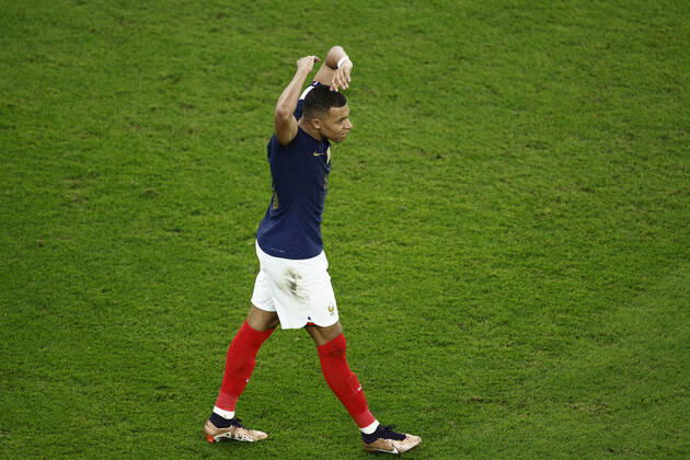 Kylian Mbappe of France celebrates a goal during the FIFA round 16 soccer match between France and Poland at Al Thumama a stadium in Doha, Qatar, 04 December 2022. World Cup 2022: France vs. Poland !ACHTUNG: NUR REDAKTIONELLE NUTZUNG! Copyright: xRodrigoxJiménezx GR7167 20221204-0b70364dcb1f6d39f8b13fedaa6344ae4dd92e51