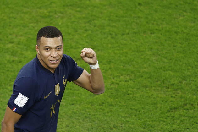 Kylian Mbappe of France celebrates a goal during the FIFA round 16 soccer match between France and Poland at Al Thumama a stadium in Doha, Qatar, 04 December 2022. World Cup 2022: France vs. Poland !ACHTUNG: NUR REDAKTIONELLE NUTZUNG! Copyright: xRodrigoxJiménezx GR7168 20221204-9fdeda072567c0608c9c1eeaace0a79fd66ffe59