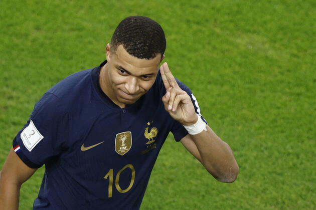 Kylian Mbappe of France celebrates a goal during the FIFA round 16 soccer match between France and Poland at Al Thumama a stadium in Doha, Qatar, 04 December 2022. World Cup 2022: France vs. Poland !ACHTUNG: NUR REDAKTIONELLE NUTZUNG! Copyright: xRodrigoxJiménezx GR7169 20221204-b0cf19a38357171ea5e58f9ab7ce4a316a453348