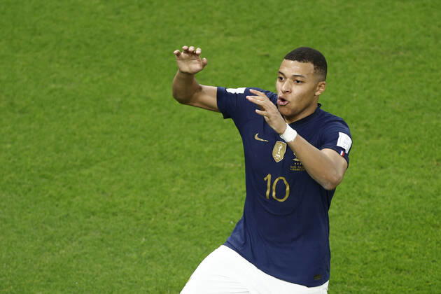 Kylian Mbappe of France celebrates a goal during the FIFA round 16 soccer match between France and Poland at Al Thumama a stadium in Doha, Qatar, 04 December 2022. World Cup 2022: France vs. Poland !ACHTUNG: NUR REDAKTIONELLE NUTZUNG! Copyright: xRodrigoxJiménezx GR7173 20221204-62c0f918081a912bfd7f36af63a395584b9535d5