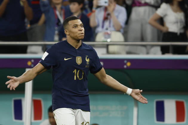 Kylian Mbappe of France celebrates a goal during the FIFA round 16 soccer match between France and Poland at Al Thumama a stadium in Doha, Qatar, 04 December 2022. World Cup 2022: France vs. Poland !ACHTUNG: NUR REDAKTIONELLE NUTZUNG! Copyright: xJoséxMéndezx GR7158 20221204-2c13838b2c3285bf6325cdc1cb0e4df7fb60906c