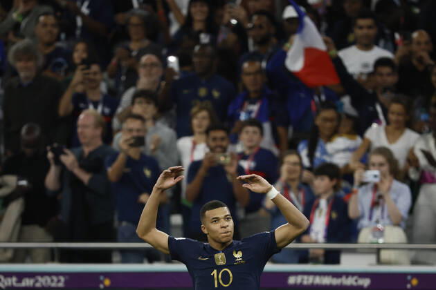 Kylian Mbappe of France celebrates a goal during the FIFA round 16 soccer match between France and Poland at Al Thumama a stadium in Doha, Qatar, 04 December 2022. World Cup 2022: France vs. Poland !ACHTUNG: NUR REDAKTIONELLE NUTZUNG! Copyright: xJoséxMéndezx GR7160 20221204-a1371c84ac3b09112ed95bb6548578d5286d0b53