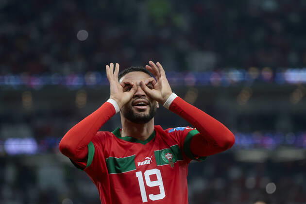 Sport Themen der Woche KW49 Sport Bilder des Tages Youssef En-Nesyri of Morocco celebrates a goal today, in a match of the quarterfinals of the Soccer World Cup Qatar 2022 between Morocco and Portugal at the Al Zumama stadium in Doha, Qatar 10 December 2022. Soccer World Cup 2022: Morocco - Portugal !ACHTUNG: NUR REDAKTIONELLE NUTZUNG!  Copyright: xJUANxIGNACIOxRONCORONIx GR6049 20221210-dddadf2aaba548121f12151a792baf3a6f6624ce