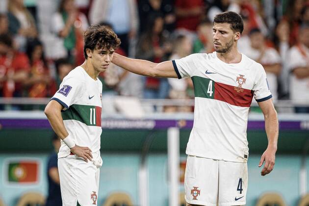 morocco vs portugal DOHA, CA - 10.12.2022: MOROCCO VS PORTUGAL - RUBEN DIAS from Portugal consoles JOAO FELIX from Portugal after the match between Morocco and Portugal, valid for the quarterfinals of the World Cup, held at the Al Thumama Stadium in Doha, Qatar. (Photo: Marcelo Machado de Melo Fotoarena) x2308627x MarceloxMachadoxdexMelo