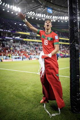 morocco vs portugal DOHA, CA - 10.12.2022: MOROCCO VS PORTUGAL - EL YAMIQ Jawad from Morocco celebrates qualifying for the semi-final after the match between Morocco and Portugal, valid for the quarterfinals of the World Cup, held at Al Thumama Stadium in Doha, Qatar. (Photo: Marcelo Machado de Melo Fotoarena) x2308630x MarceloxMachadoxdexMelo