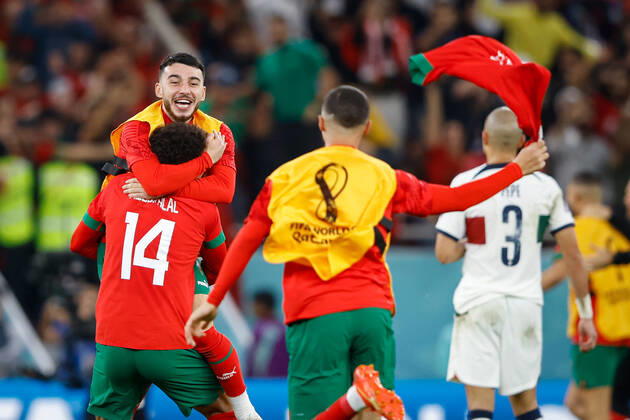 morocco vs portugal DOHA, CA - 10.12.2022: MOROCCO VS PORTUGAL - ABOUKHLAL Zakaria of Morocco celebrates the ranking during the match between Morocco and Portugal, valid for the quarterfinals of the World Cup, held at the Al Thumama Stadium in Doha, Qatar. (Photo: Rodolfo Buhrer La Imagem Fotoarena) x2308655x RodolfoxBuhrer