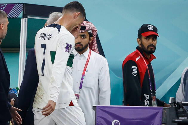 morocco vs portugal DOHA, CA - 10.12.2022: MOROCCO VS PORTUGAL - CRISTIANO RONALDO of Portugal leaves the field crying after the match between Morocco and Portugal, valid for the quarterfinals of the World Cup, held at the Al Thumama Stadium in Doha, Qatar. (Photo: Rodolfo Buhrer La Imagem Fotoarena) x2308657x RodolfoxBuhrer