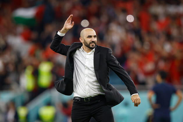 morocco vs portugal DOHA, CA - 10.12.2022: MOROCCO VS PORTUGAL - Coach REGRAGUI Walid from Morocco celebrates ranking during the match between Morocco and Portugal, valid for the quarterfinals of the World Cup, held at the Al Thumama Stadium in Doha, Qatar. (Photo: Rodolfo Buhrer La Imagem Fotoarena) x2308662x RodolfoxBuhrer