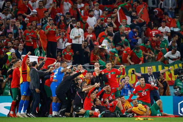 morocco vs portugal DOHA, CA - 10.12.2022: MOROCCO VS PORTUGAL - Players from Morocco celebrate ranking during the match between Morocco and Portugal, valid for the quarterfinals of the World Cup, held at the Al Thumama Stadium in Doha, Qatar. (Photo: Rodolfo Buhrer La Imagem Fotoarena) x2308664x RodolfoxBuhrer