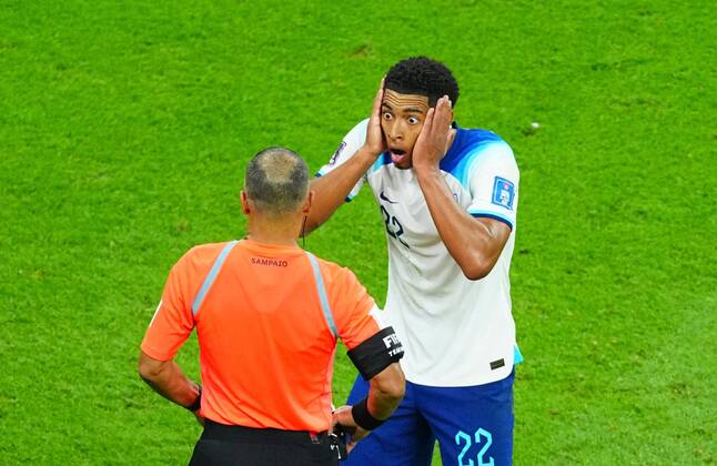 Mandatory Credit: Photo by Javier Garcia Shutterstock (13655768fv) Jude Bellingham of England reacts towards Wilton Pereira Sampaio England v France, FIFA World Cup, WM, Weltmeisterschaft, Fussball 2022, Quarter Final, Football, Al Bayt Stadium, Al Khor, Qatar - 10 Dec 2022 Editorial Use Only England v France, FIFA World Cup 2022, Quarter Final, Football, Al Bayt Stadium, Al Khor, Qatar - 10 Dec 2022 Editorial Use Only Copyright: xJavierxGarcia Shutterstockx 13655768fv