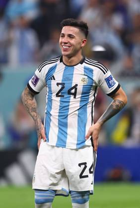 Doha, Qatar, 13th December 2022. Enzo Fernandez of Argentina enjoys the win during the FIFA World Cup, WM, Weltmeisterschaft, Fussball 2022 match at Lusail Stadium, Doha. Picture credit should read: David Klein Sportimage EDITORIAL USE ONLY. No use with unauthorised audio, video, data, fixture lists, club league logos or live services. Online in-match use limited to 120 images, no video emulation. No use in betting, games or single club league player publications. SPI-2097-0114