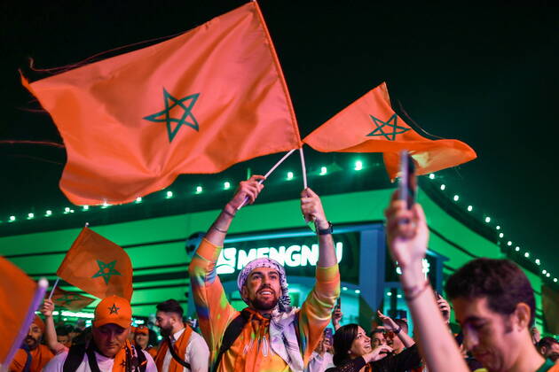 QATAR, AL KHOR - DECEMBER 14, 2022: Morocco s supporters cheer before their 2022 FIFA World Cup, WM, Weltmeisterschaft, Fussball semi-final football match against France at Al-Bayt Stadium. Sergei Bobylev TASS  56418367