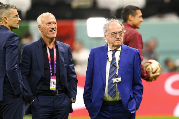 Didier Deschamps entraineur Selectionneur et Noel Le Graet - president FFF FOOTBALL : France vs Maroc - 1 2 finale - coupe du Monde Qatar 2022 - 14 12 2022 JBAutissier Panoramic