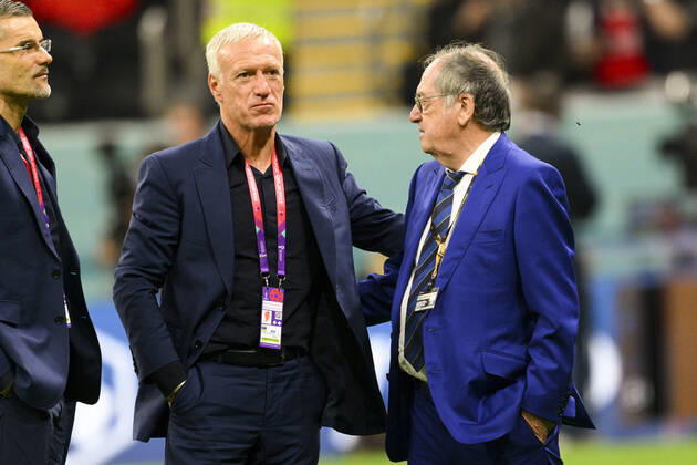 Didier Deschamps entraineur Selectionneur et Noel Le Graet - president FFF FOOTBALL : France vs Maroc - 1 2 finale - coupe du Monde Qatar 2022 - 14 12 2022 JBAutissier Panoramic 