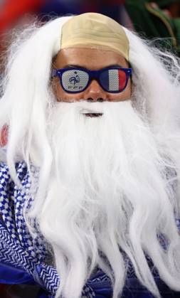 Al Khor, Qatar, 14th December 2022. French fans during the FIFA World Cup, WM, Weltmeisterschaft, Fussball 2022 match at Al Bayt Stadium, Al Khor. Picture credit should read: David Klein Sportimage EDITORIAL USE ONLY. No use with unauthorised audio, video, data, fixture lists, club league logos or live services. Online in-match use limited to 120 images, no video emulation. No use in betting, games or single club league player publications. SPI-2098-0008