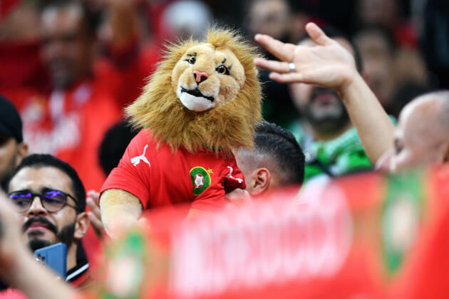 Fussball Weltmeisterschaft, Herren, Qatar 2022, 2. Halbfinale, Al Bayt Stadium, Frankreich - Marokko; Fans Marokko. Fan, Fans, Fankultur, Begeisterung. FIFA REGULATIONS PROHIBIT ANY USE OF PHOTOGRAPHS AS IMAGE SEQUENCES AND OR QUASI-VIDEO